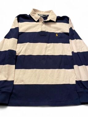 Vintage Men’s Polo Ralph Lauren Rugby Shirt Long Sleeve Stripes White Blue Sz XL